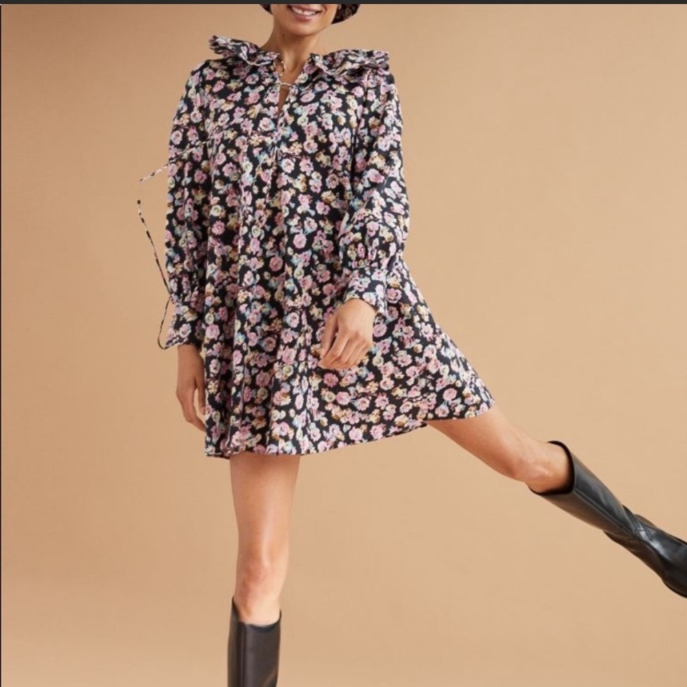 H&M flounced Collared Floral Print long sleeve mini babydoll dress SIZE SMALL